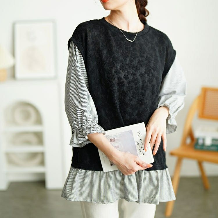 大きいサイズ レディース 花柄ジャガードフェイクベストプルオーバー　cpdai-659656 【メール便可】