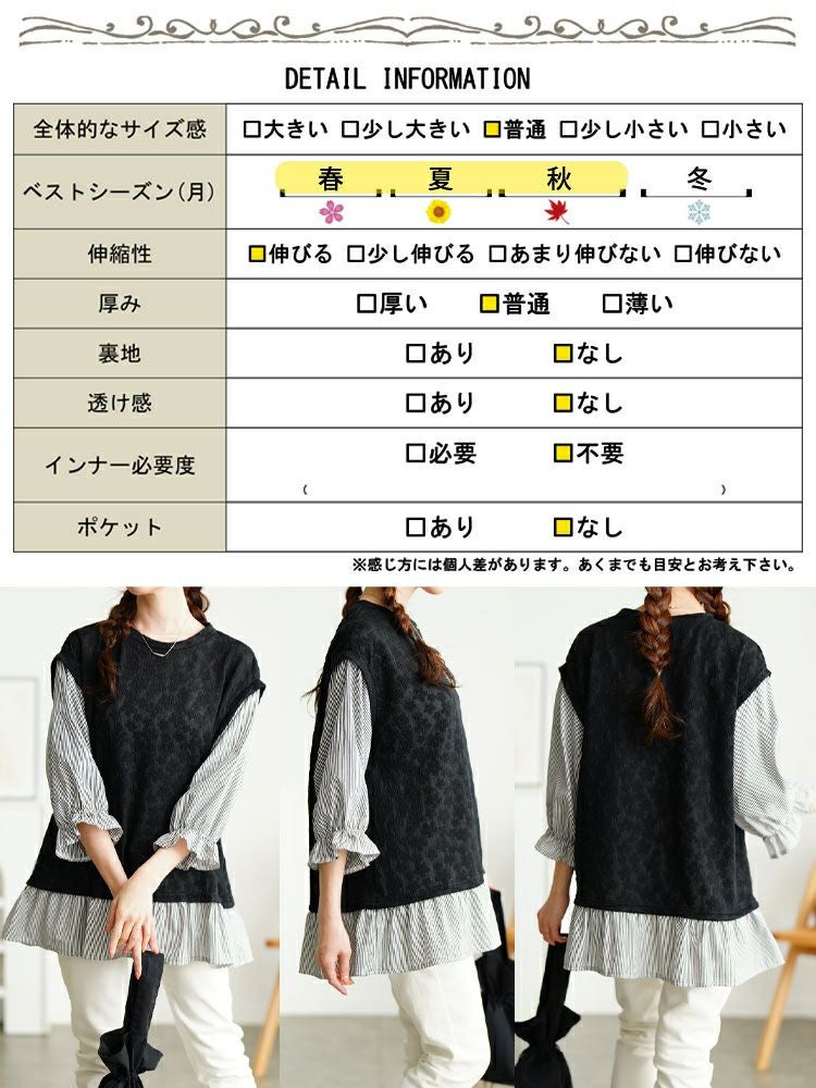 大きいサイズ レディース 花柄ジャガードフェイクベストプルオーバー　cpdai-659656 【メール便可】