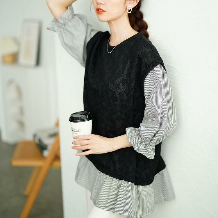 大きいサイズ レディース 花柄ジャガードフェイクベストプルオーバー　cpdai-659656 【メール便可】 ブラック