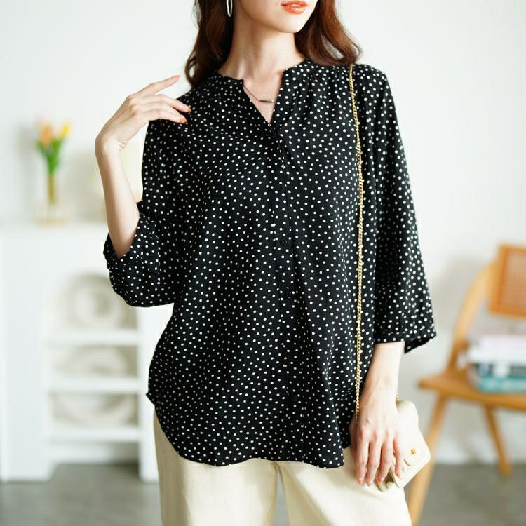 大きいサイズ レディース ドット柄ギャザーブラウス　cpdai-640725 【メール便可】