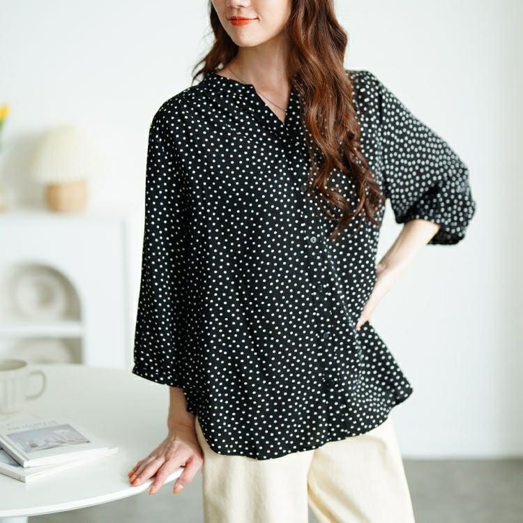 大きいサイズ レディース ドット柄ギャザーブラウス　cpdai-640725 【メール便可】