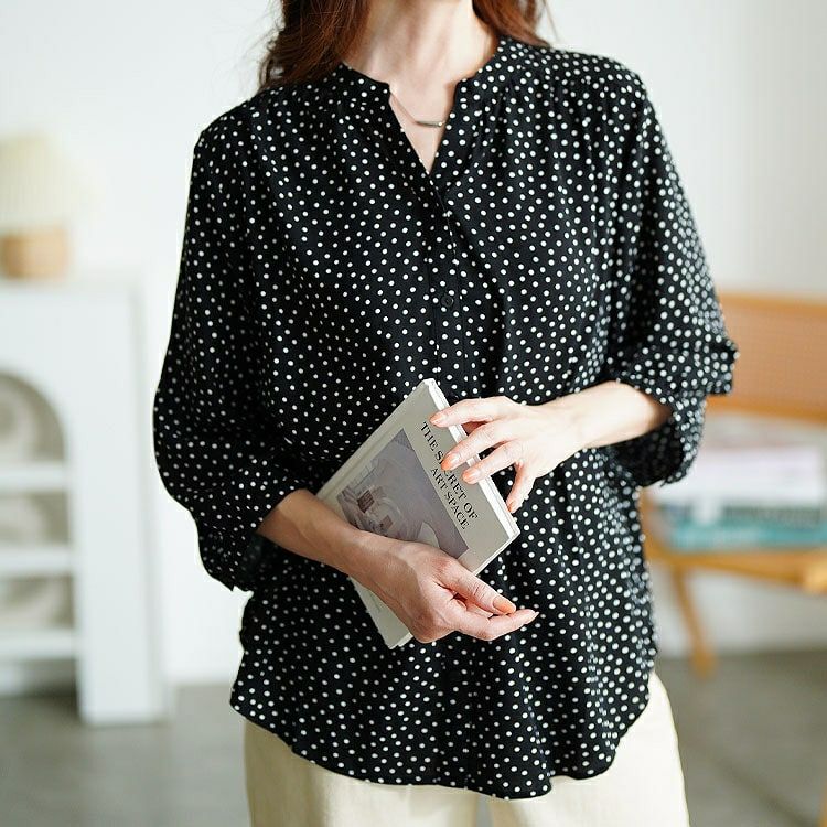 大きいサイズ レディース ドット柄ギャザーブラウス　cpdai-640725 【メール便可】