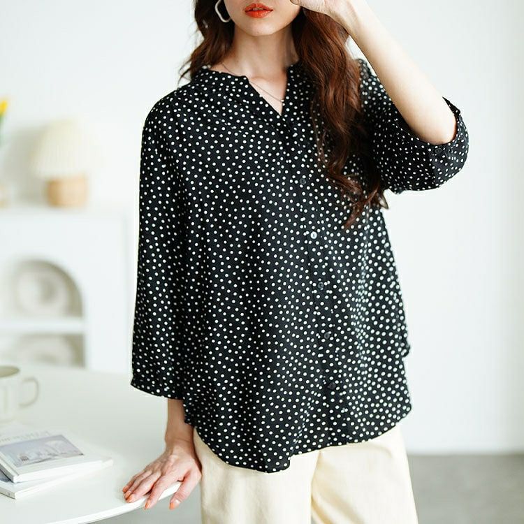 大きいサイズ レディース ドット柄ギャザーブラウス　cpdai-640725 【メール便可】