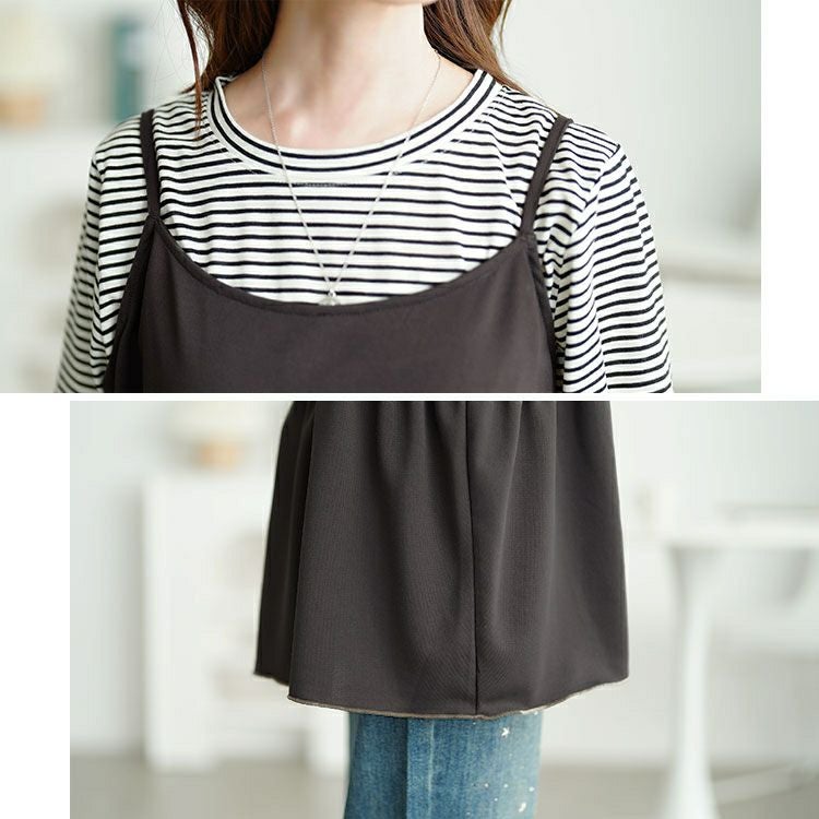 大きいサイズ レディース メロウペプラムロゴビスチェ＆ボーダーTシャツ2点セット　cpdai-659639 【メール便可】