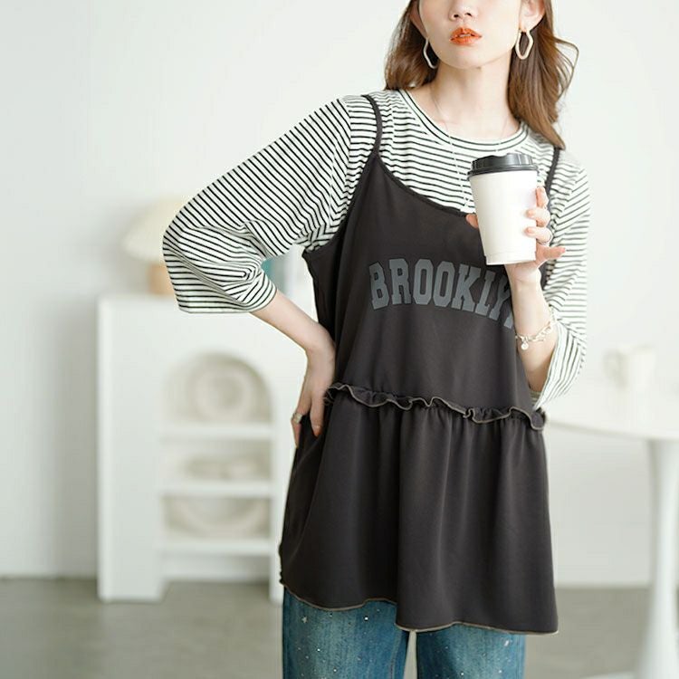 大きいサイズ レディース メロウペプラムロゴビスチェ＆ボーダーTシャツ2点セット　cpdai-659639 【メール便可】