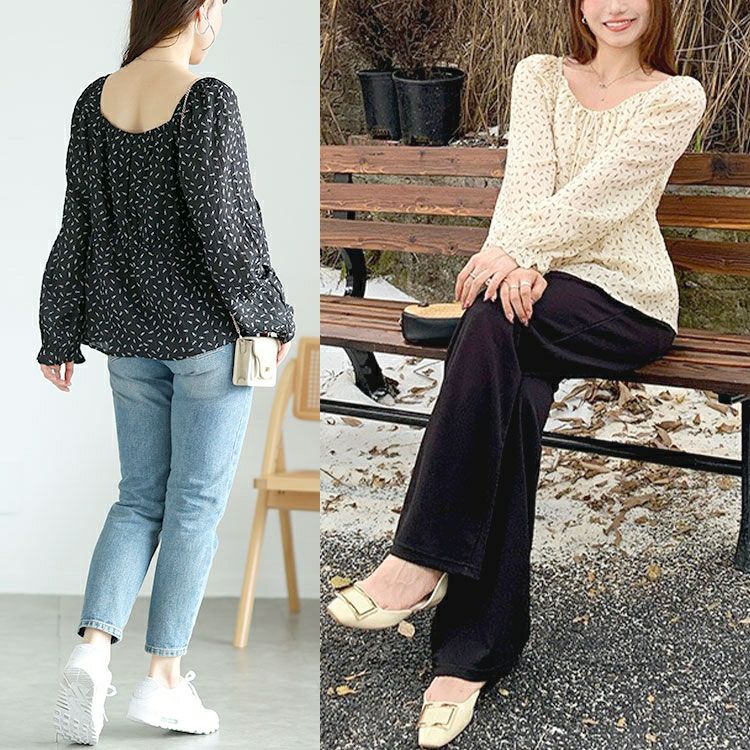 大きいサイズ レディース リボンシャーリング花柄ブラウス　goldy-1659 【メール便可】