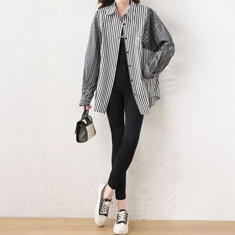 大きいサイズ レディース リボンモチーフ付きランダムストライプシャツ　goldy-1658 【メール便可】