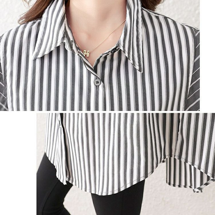 大きいサイズ レディース リボンモチーフ付きランダムストライプシャツ　goldy-1658 【メール便可】