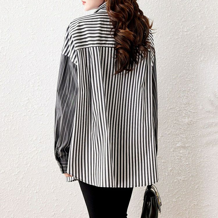 大きいサイズ レディース リボンモチーフ付きランダムストライプシャツ　goldy-1658 【メール便可】