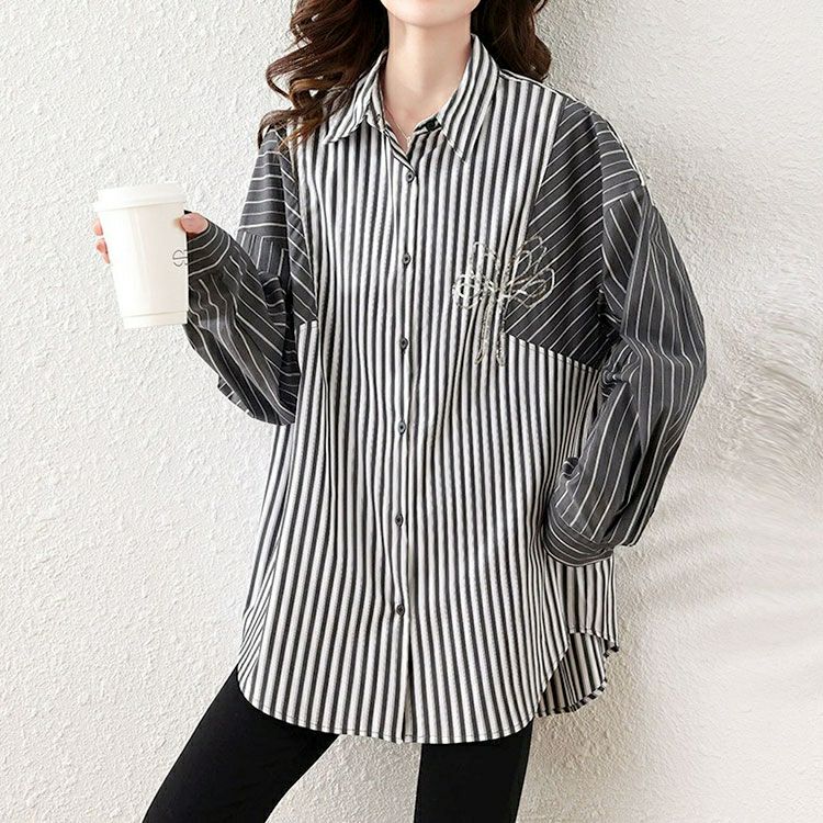 大きいサイズ レディース リボンモチーフ付きランダムストライプシャツ　goldy-1658 【メール便可】