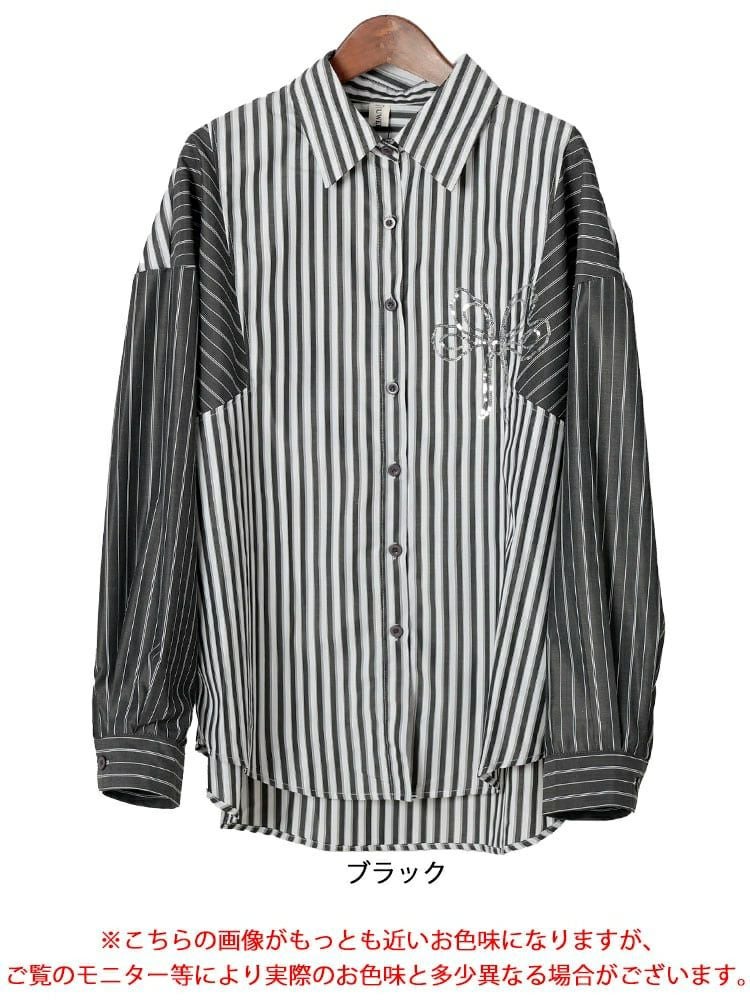 大きいサイズ レディース リボンモチーフ付きランダムストライプシャツ　goldy-1658 【メール便可】