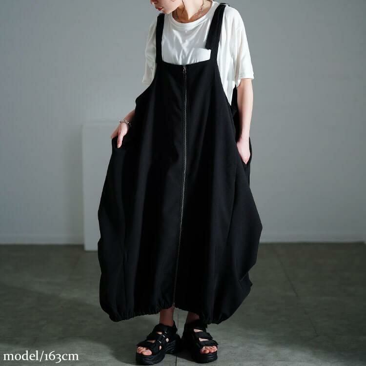 大きいサイズ レディース フロントZIPバルーンジャンパースカート　nw-25012 ブラック
