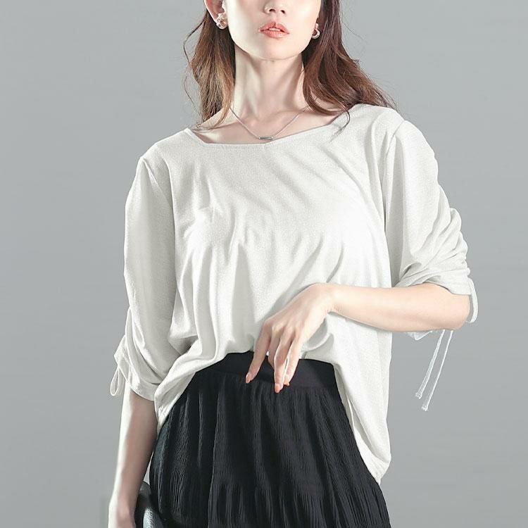 大きいサイズ レディース ダイヤモンドネック袖ドロストラメプルオーバー　fem-576【メール便可】 オフホワイト