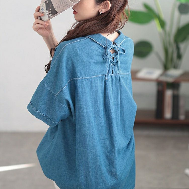 大きいサイズ レディース レースアップ裾タックコットンデニムシャツ　plan-381001【メール便可】