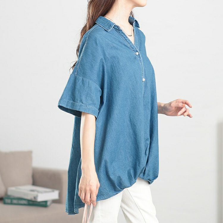 大きいサイズ レディース レースアップ裾タックコットンデニムシャツ　plan-381001【メール便可】