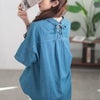 大きいサイズ レディース レースアップ裾タックコットンデニムシャツ　plan-381001【メール便可】 ブルー