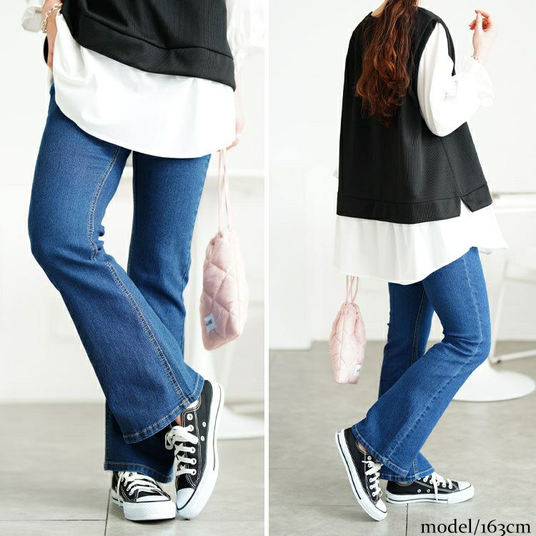 大きいサイズ レディース 接触冷感プルオンフレアデニムパンツ　tkb-141585303