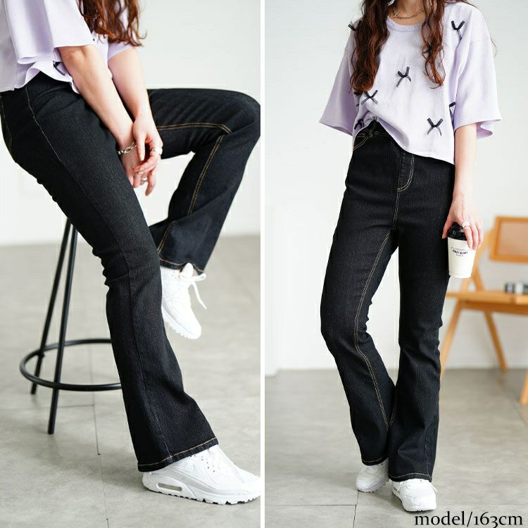 大きいサイズ レディース 接触冷感プルオンフレアデニムパンツ　tkb-141585303