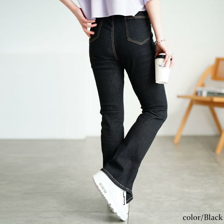 大きいサイズ レディース 接触冷感プルオンフレアデニムパンツ　tkb-141585303 ブラック