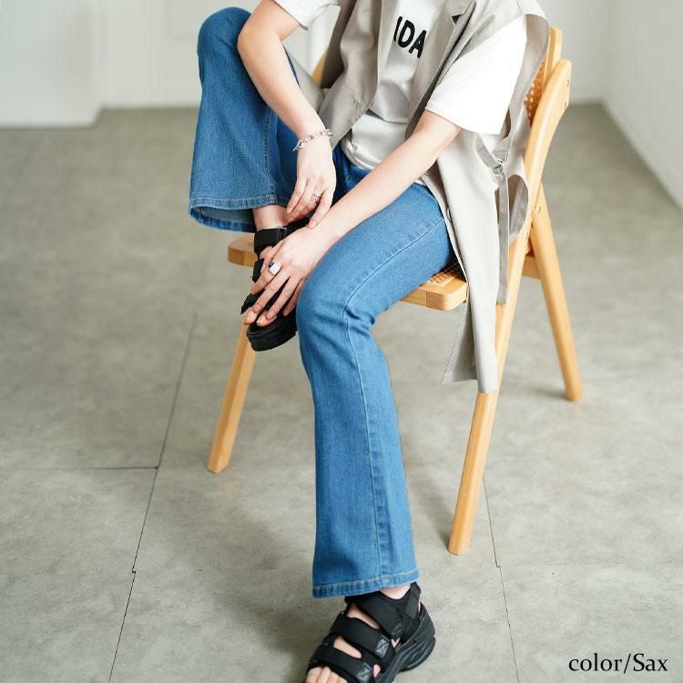 大きいサイズ レディース 接触冷感プルオンフレアデニムパンツ　tkb-141585303 サックス