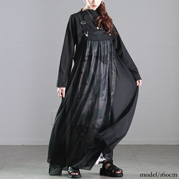 大きいサイズ レディース アート柄レイヤードサロペットワンピース　nw-25013