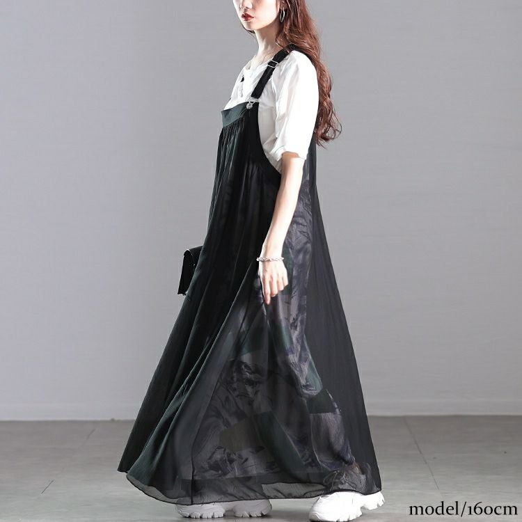 大きいサイズ レディース アート柄レイヤードサロペットワンピース　nw-25013