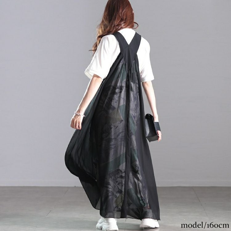 大きいサイズ レディース アート柄レイヤードサロペットワンピース　nw-25013