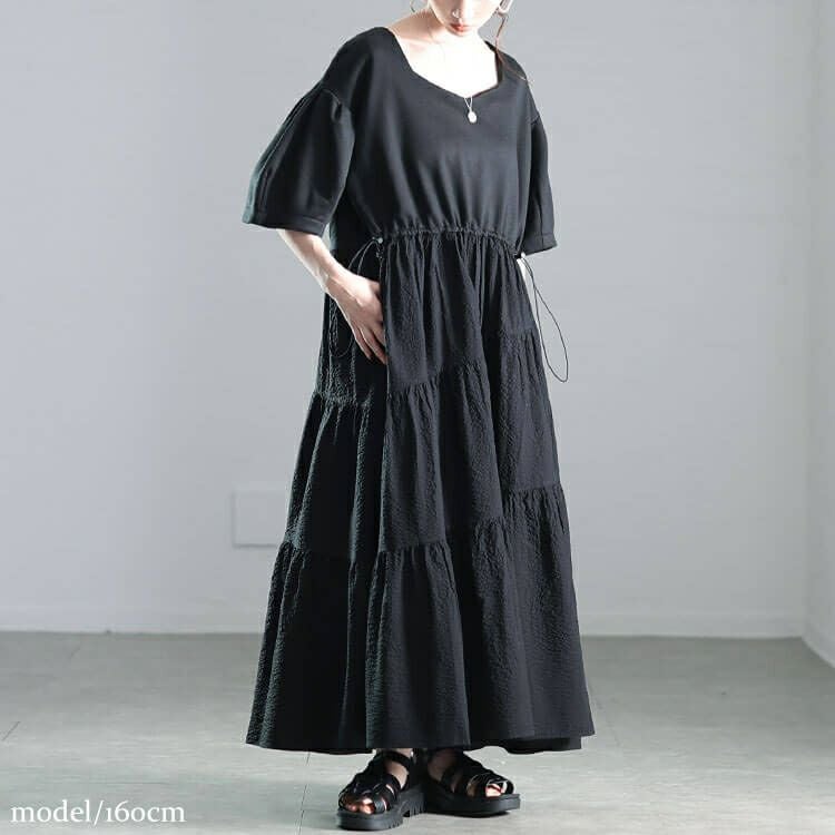 大きいサイズ レディース 異素材切り替えドロストティアードワンピース　nw-25008