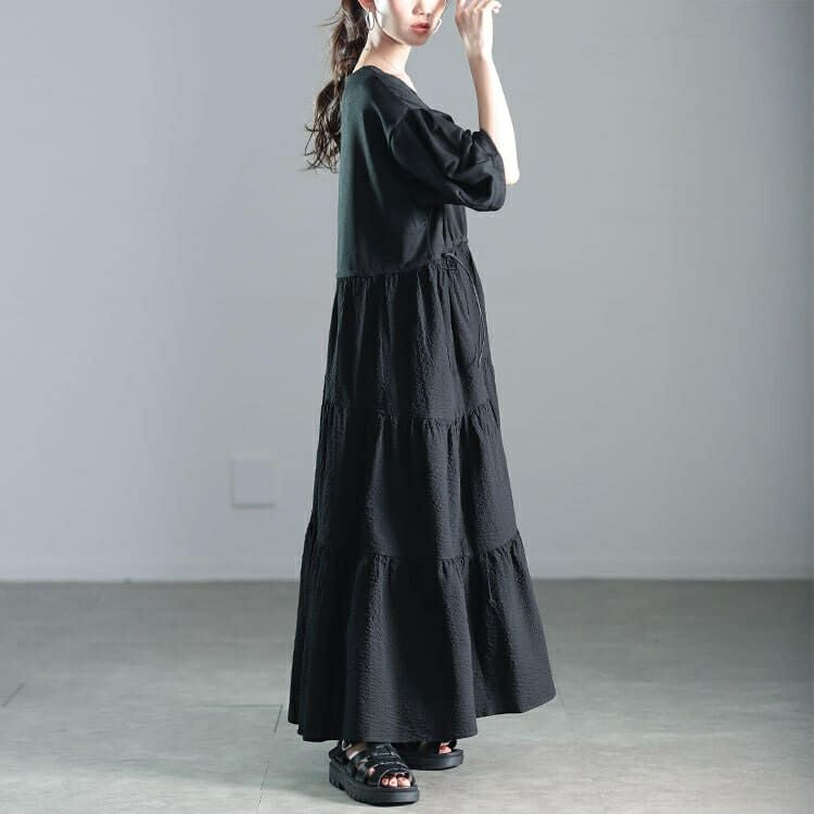 大きいサイズ レディース 異素材切り替えドロストティアードワンピース　nw-25008