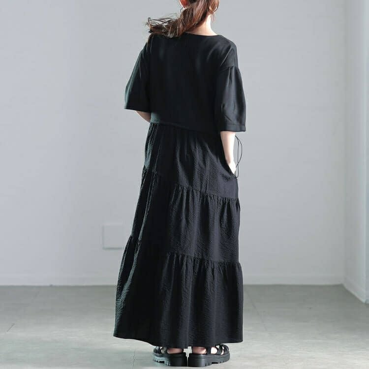 大きいサイズ レディース 異素材切り替えドロストティアードワンピース　nw-25008