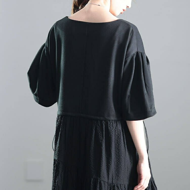 大きいサイズ レディース 異素材切り替えドロストティアードワンピース　nw-25008