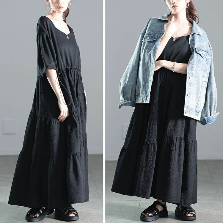 大きいサイズ レディース 異素材切り替えドロストティアードワンピース　nw-25008