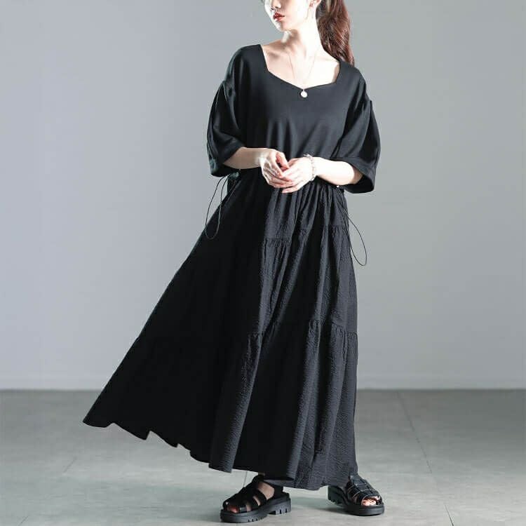 大きいサイズ レディース 異素材切り替えドロストティアードワンピース　nw-25008