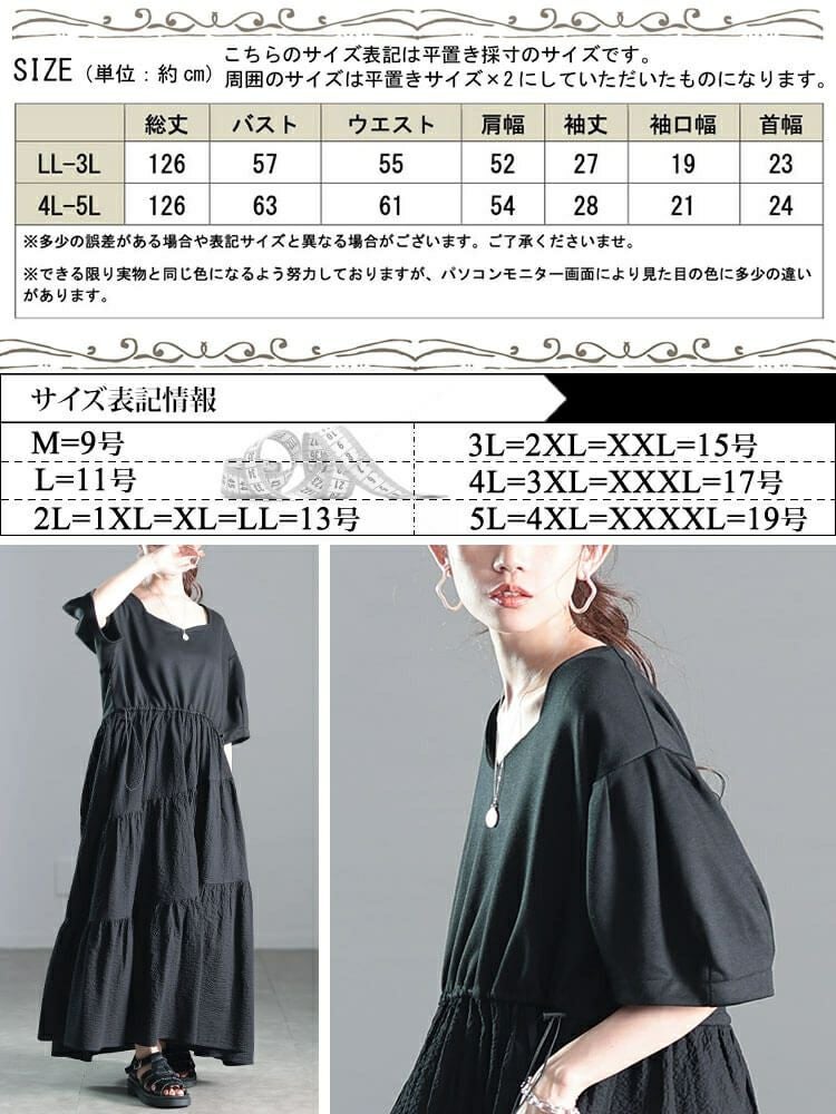 大きいサイズ レディース 異素材切り替えドロストティアードワンピース　nw-25008