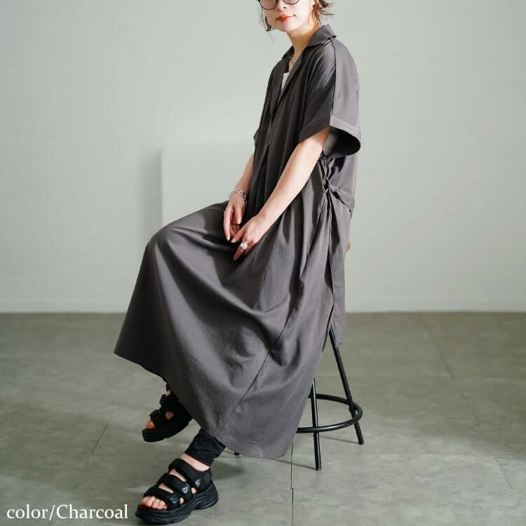 大きいサイズ レディース スキッパーシャツワンピース　nw-25007 チャコール