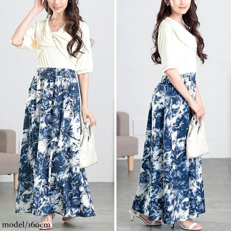 大きいサイズ レディース ツイスト襟異素材ドッキングワンピース　nw-25006