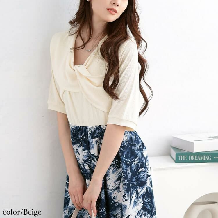 大きいサイズ レディース ツイスト襟異素材ドッキングワンピース　nw-25006 ベージュ