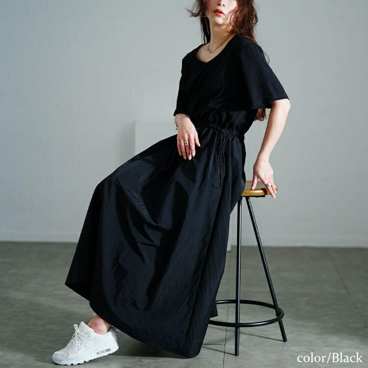 大きいサイズ レディース ハートネック異素材ドッキングワンピース　nw-25005