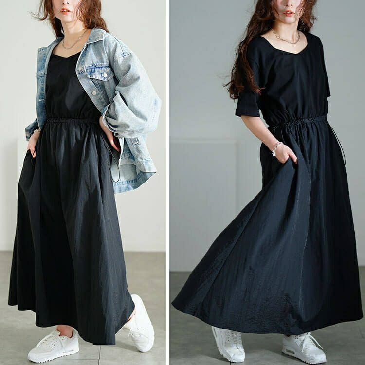 大きいサイズ レディース ハートネック異素材ドッキングワンピース　nw-25005