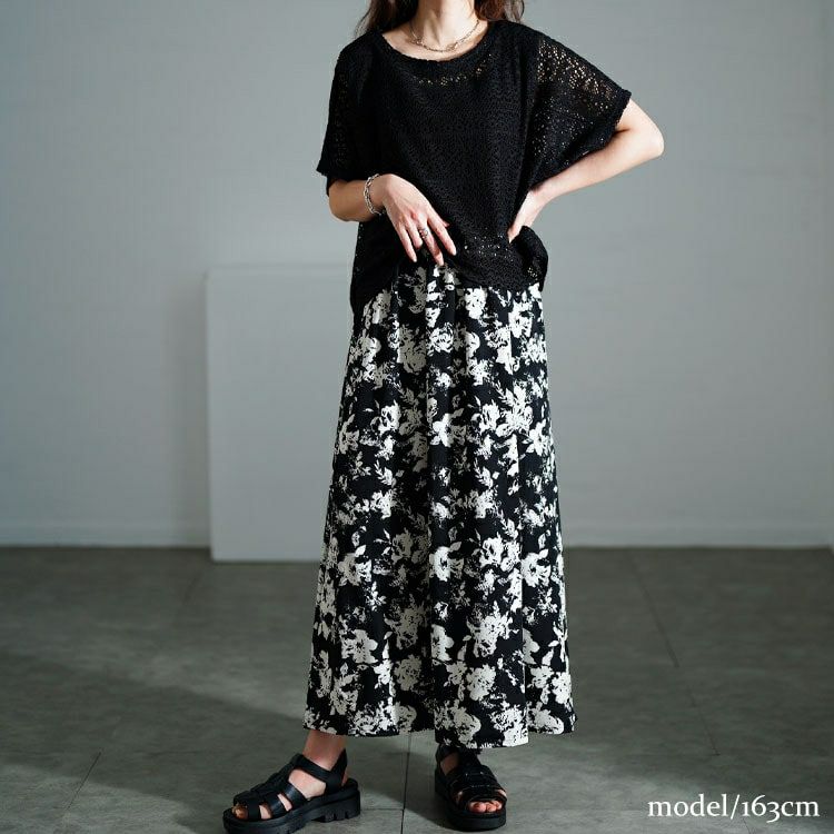 大きいサイズ レディース かぎ編みニットトップス＆花柄ドッキングワンピース2点セット　nw-25003