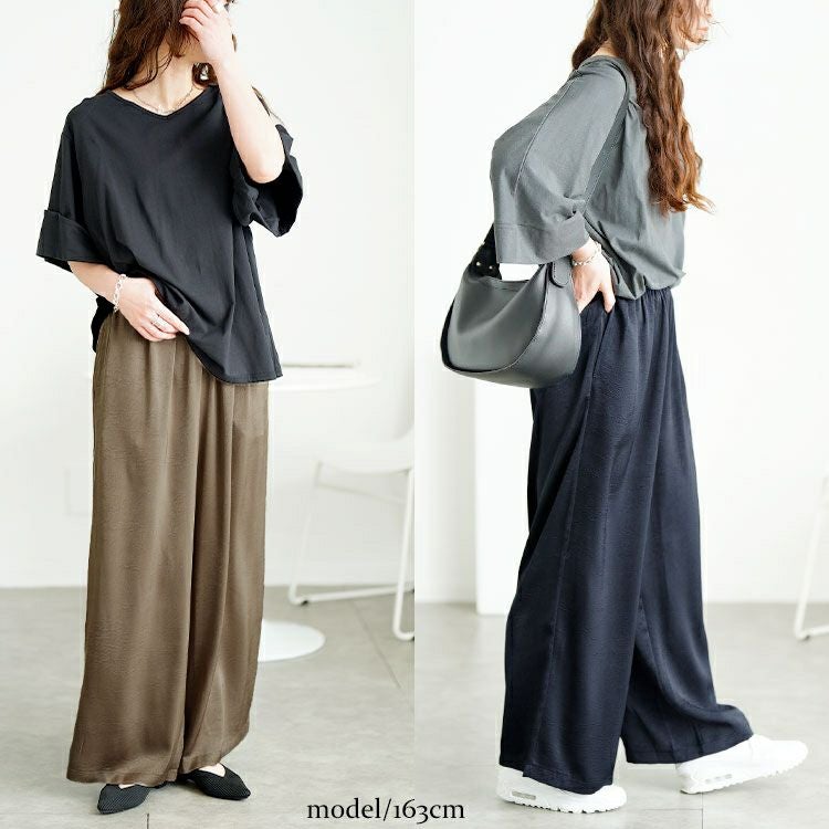 大きいサイズ レディース 微光沢ワッシャーワイドパンツ　maru-30143【メール便可】
