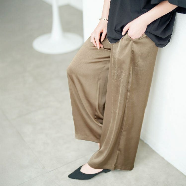 大きいサイズ レディース 微光沢ワッシャーワイドパンツ　maru-30143【メール便可】
