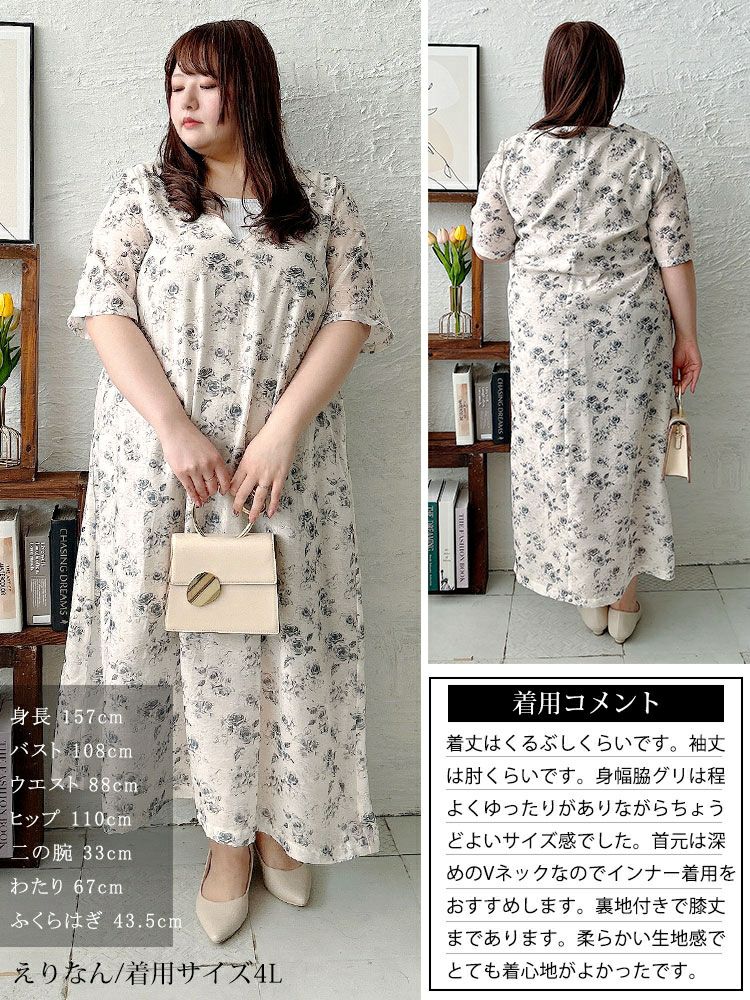 大きいサイズ レディース 花柄シフォンジャガード深Vネックワンピース　maru-30141