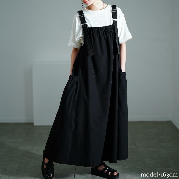 大きいサイズ レディース 軽量ストレッチマキシジャンパースカート　maru-30136 ブラック