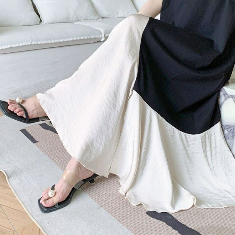 大きいサイズ レディース 異素材アシンメトリーフレアワンピース　goldy-1664