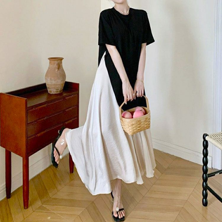 大きいサイズ レディース 異素材アシンメトリーフレアワンピース　goldy-1664