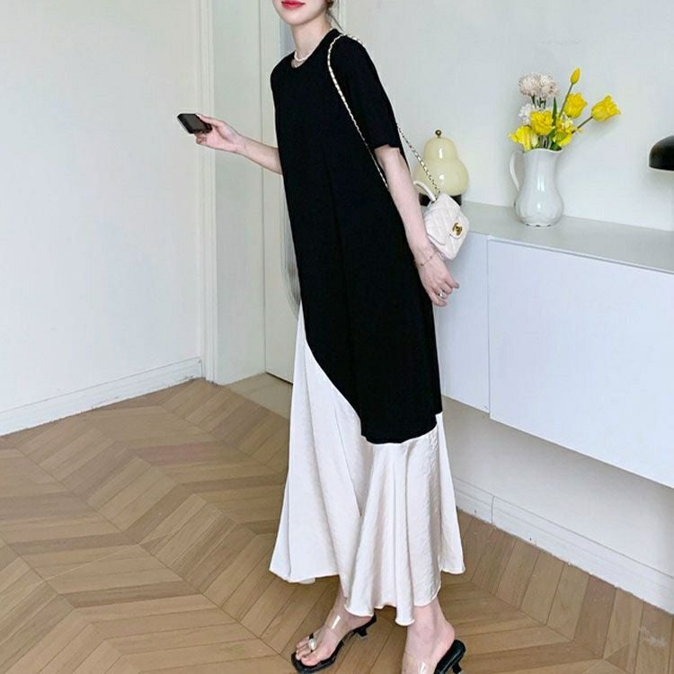 大きいサイズ レディース 異素材アシンメトリーフレアワンピース　goldy-1664