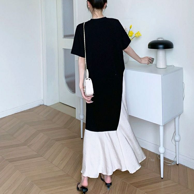 大きいサイズ レディース 異素材アシンメトリーフレアワンピース　goldy-1664