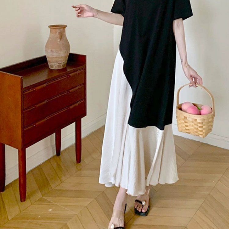 大きいサイズ レディース 異素材アシンメトリーフレアワンピース　goldy-1664