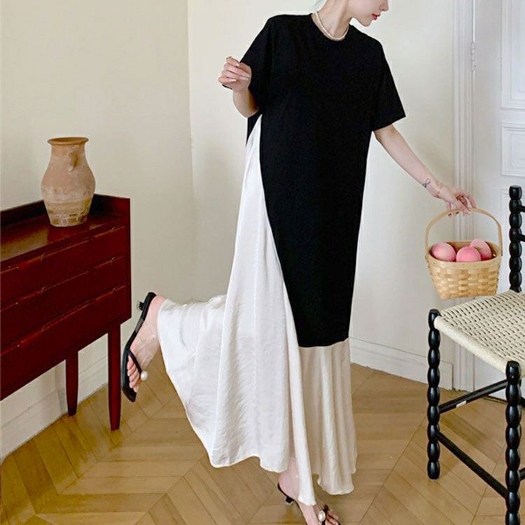 大きいサイズ レディース 異素材アシンメトリーフレアワンピース　goldy-1664